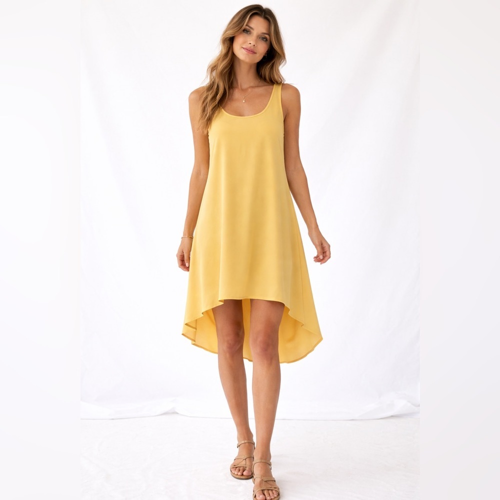 100% Silk High-Low Racerback Dress Yellow Size 6 Spring 2014 Flowing Layered